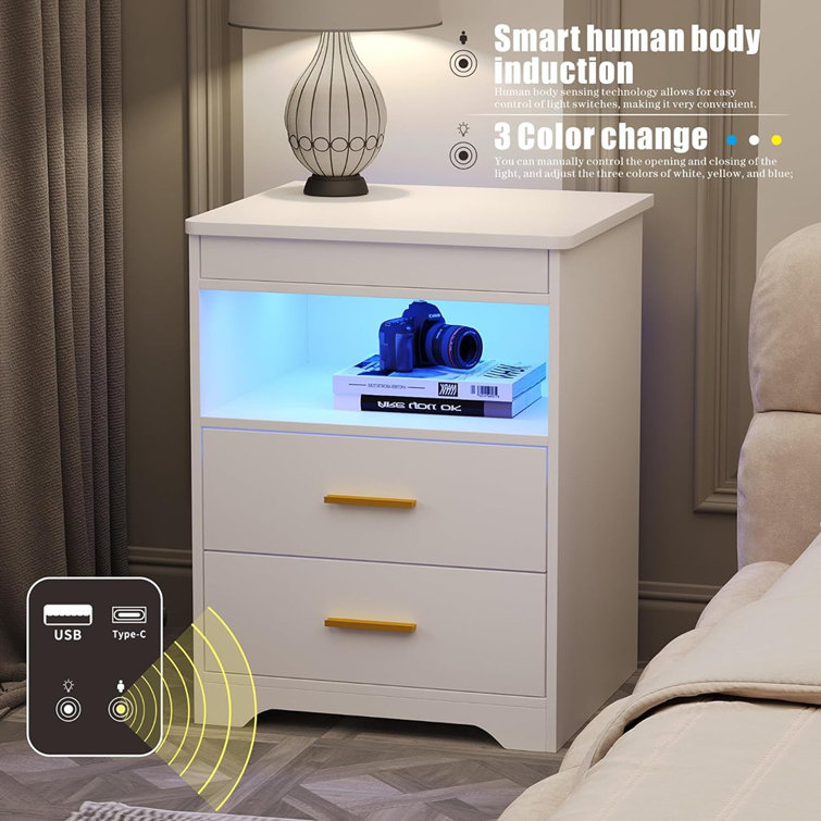 Orren Ellis Nightstand With Gun Drawer Charging Bedside Table With USB